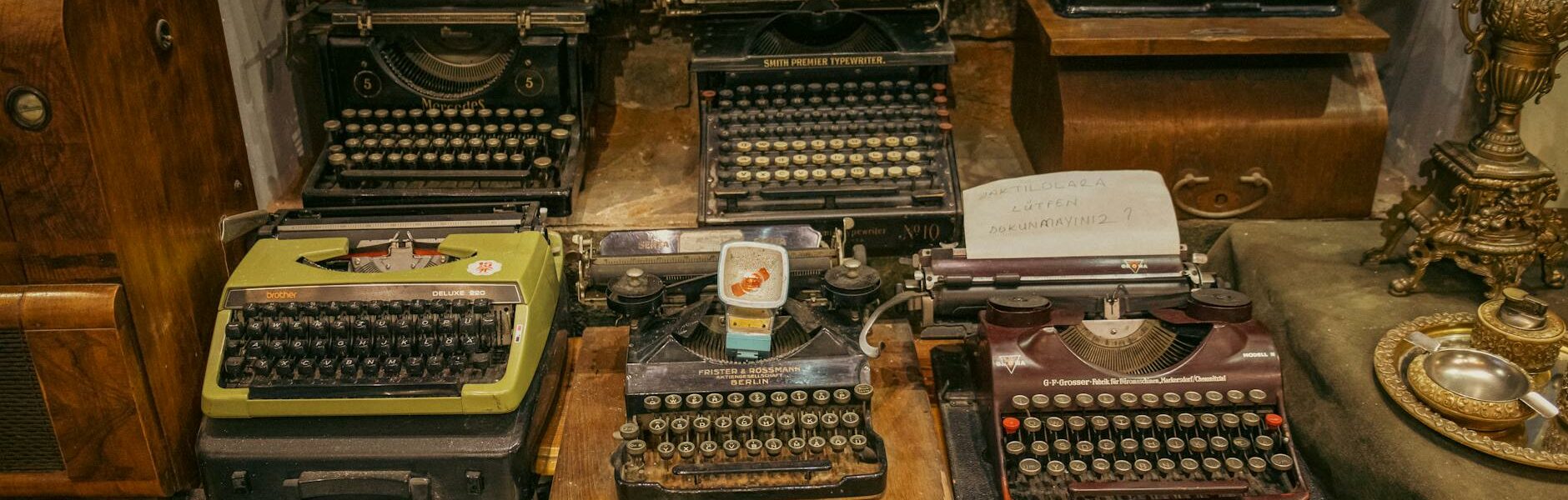 antique typewriters in an antique shop