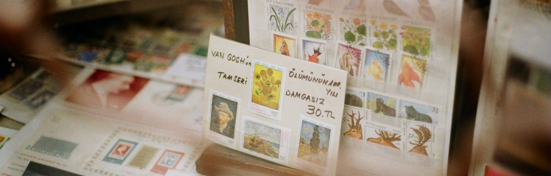 collection of stamps with illustrations in shop